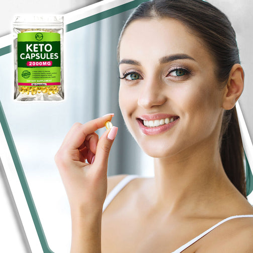 Keto Capsules 2000MG Package of 10. 100% natural, organic. Smiling girl in photograph taking one of the translucent, golden capsules.